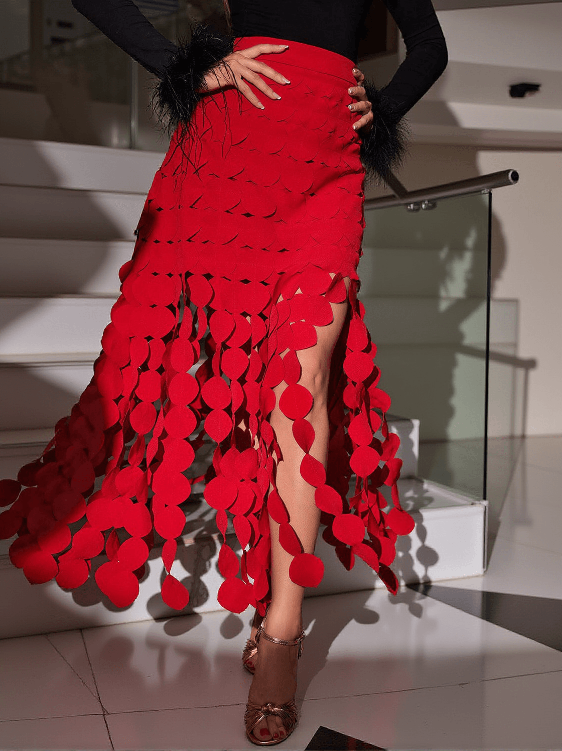 NYX CIRCLE CUTOUT FRINGE SKIRT IN RED