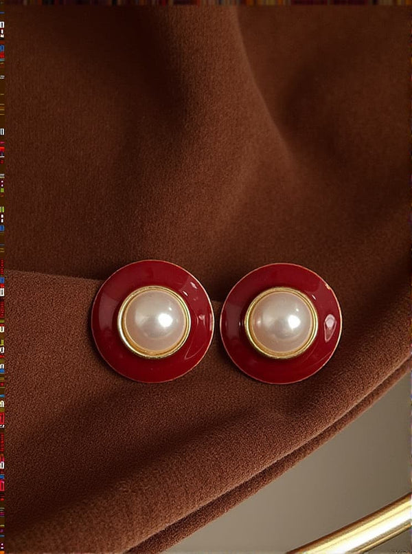 Emral Round Pearl Enamel Earrings