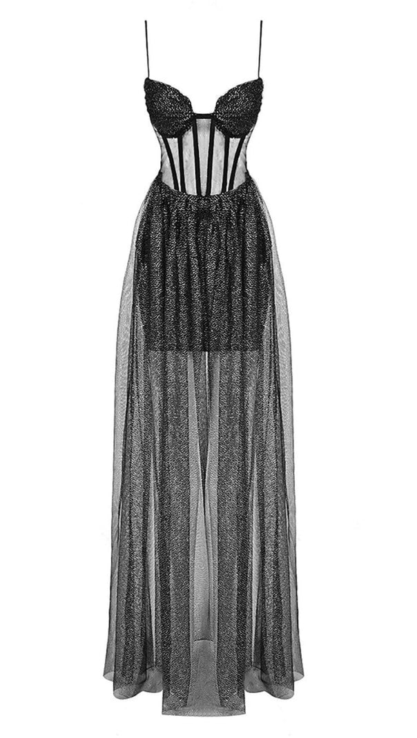AIIZIE STRAPPY DRAPED RHINESTONE TULLE CORSET MAXI DRESS IN BLACK - product image