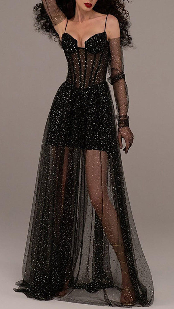 AIIZIE STRAPPY DRAPED RHINESTONE TULLE CORSET MAXI DRESS IN BLACK - product image