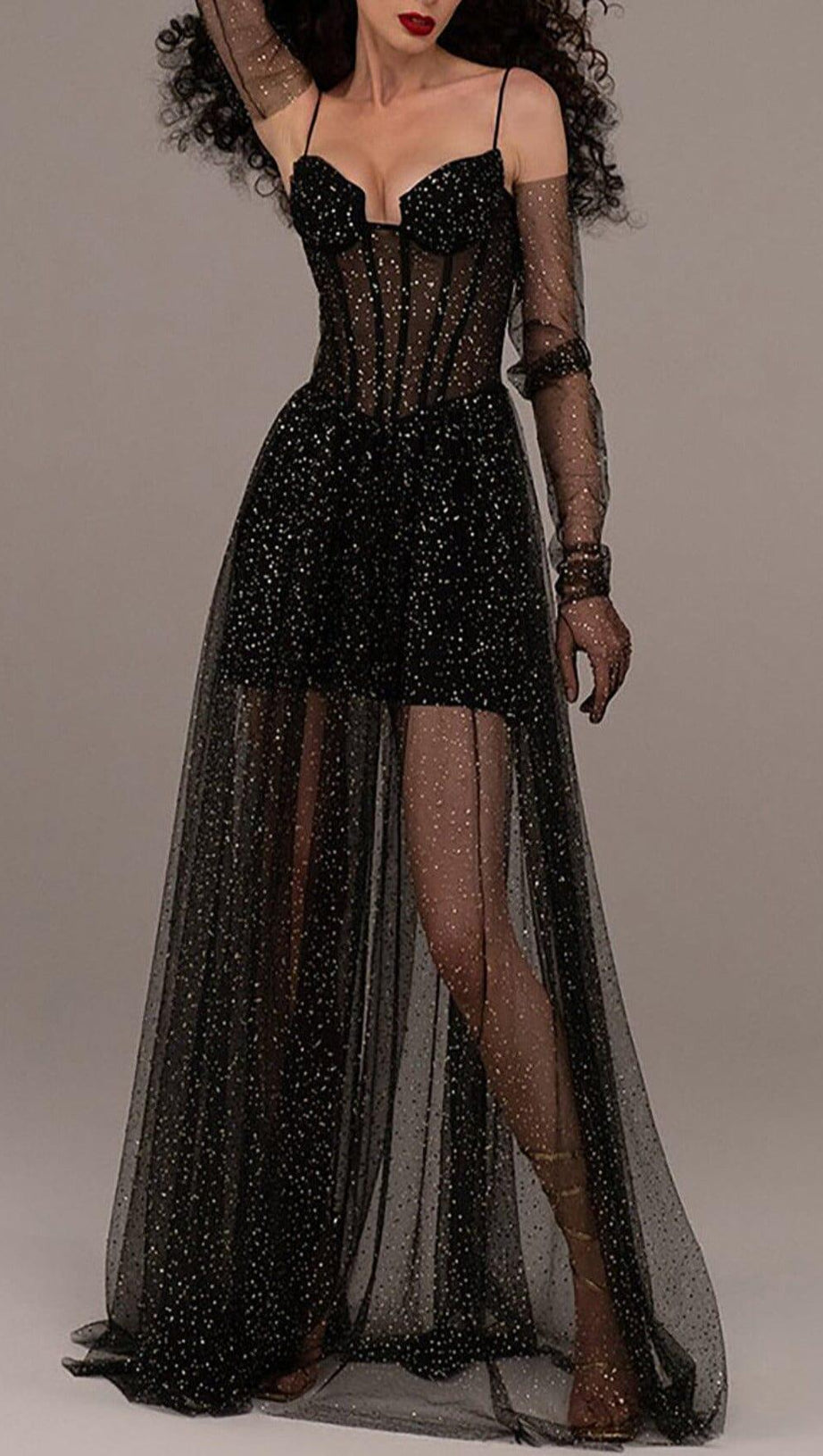 STRAPPY DRAPED RHINESTONE TULLE CORSET MAXI DRESS IN BLACK