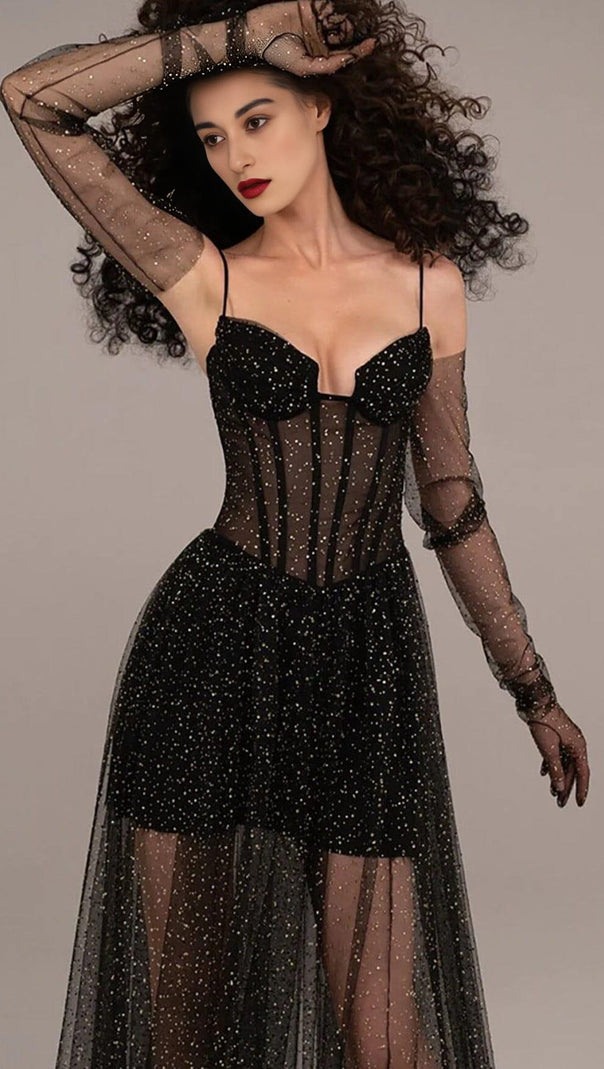 AIIZIE STRAPPY DRAPED RHINESTONE TULLE CORSET MAXI DRESS IN BLACK - product image