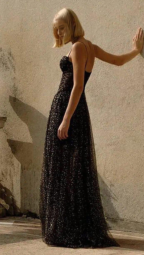 STRAPPY DRAPED RHINESTONE TULLE CORSET MAXI DRESS IN BLACK