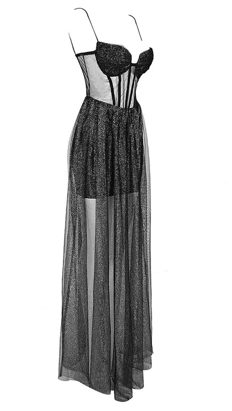 STRAPPY DRAPED RHINESTONE TULLE CORSET MAXI DRESS IN BLACK