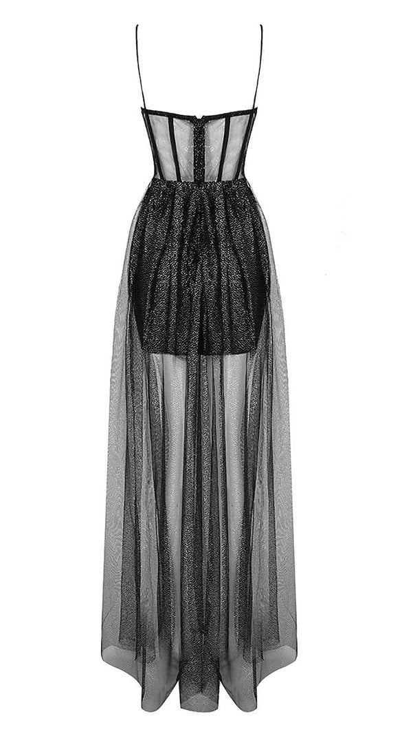 AIIZIE STRAPPY DRAPED RHINESTONE TULLE CORSET MAXI DRESS IN BLACK - product image