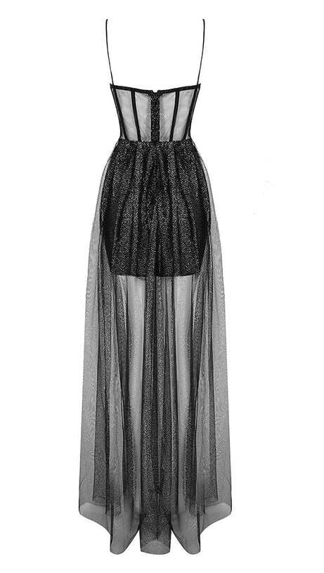 STRAPPY DRAPED RHINESTONE TULLE CORSET MAXI DRESS IN BLACK