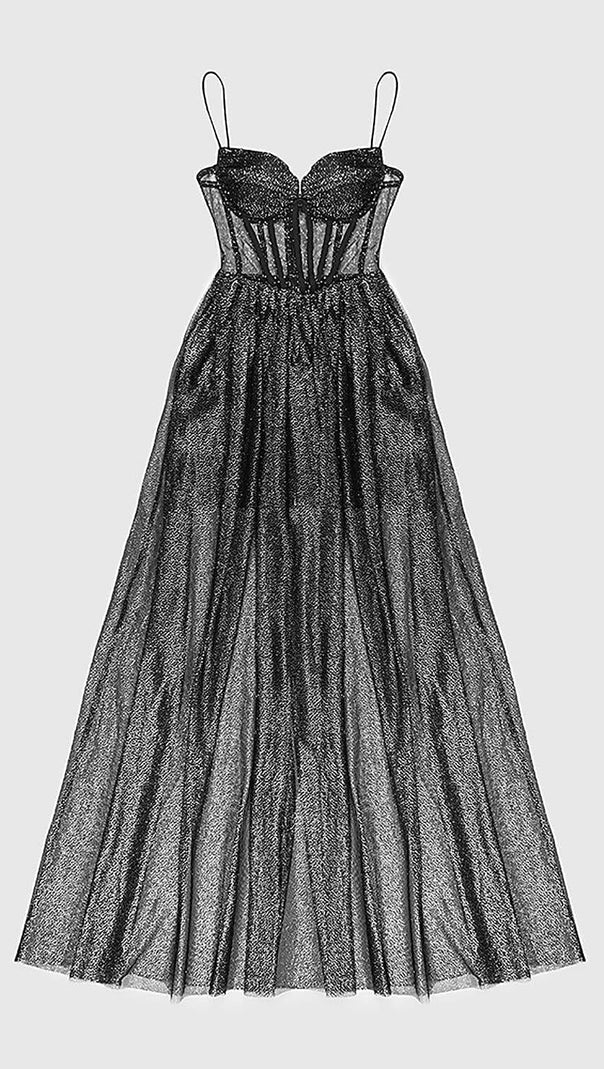 AIIZIE STRAPPY DRAPED RHINESTONE TULLE CORSET MAXI DRESS IN BLACK - product image