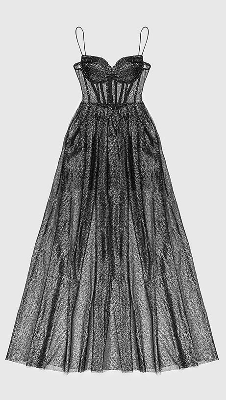 STRAPPY DRAPED RHINESTONE TULLE CORSET MAXI DRESS IN BLACK