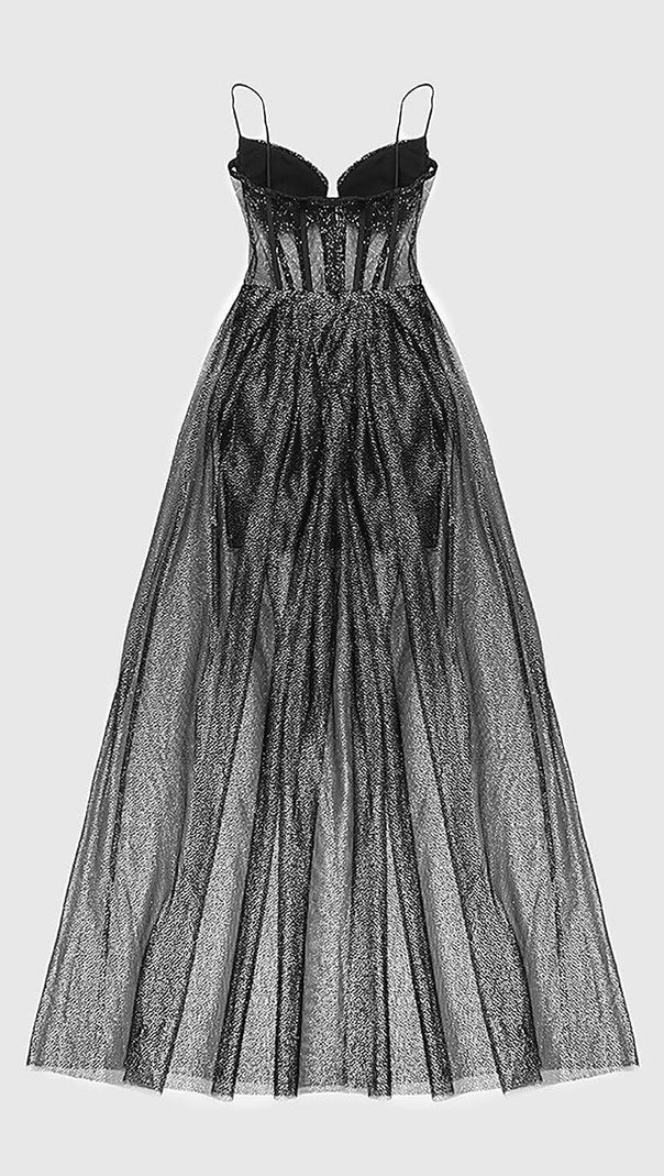 AIIZIE STRAPPY DRAPED RHINESTONE TULLE CORSET MAXI DRESS IN BLACK - product image