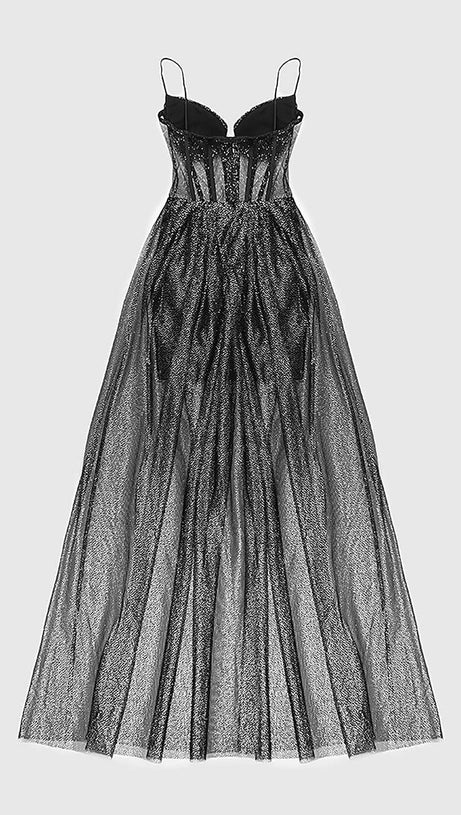 STRAPPY DRAPED RHINESTONE TULLE CORSET MAXI DRESS IN BLACK