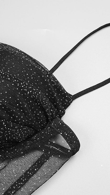 STRAPPY DRAPED RHINESTONE TULLE CORSET MAXI DRESS IN BLACK