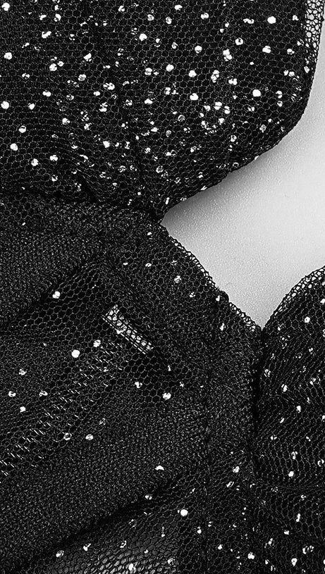 STRAPPY DRAPED RHINESTONE TULLE CORSET MAXI DRESS IN BLACK