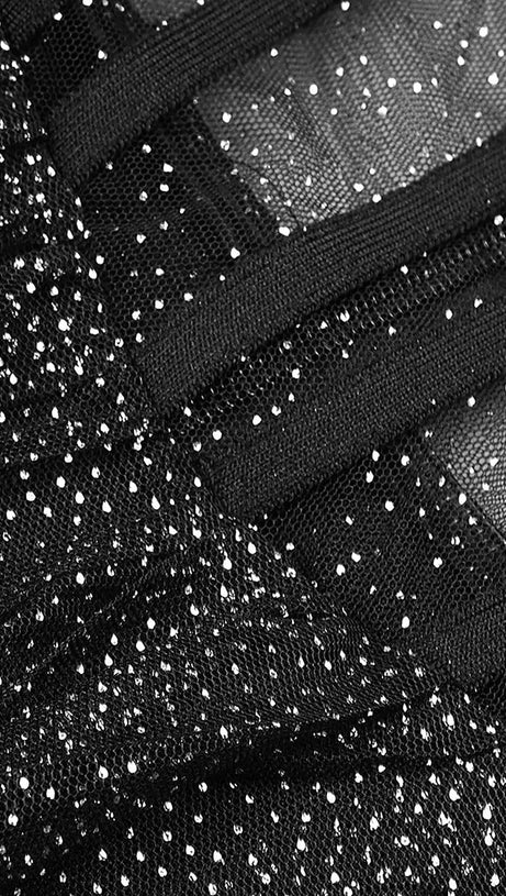 STRAPPY DRAPED RHINESTONE TULLE CORSET MAXI DRESS IN BLACK