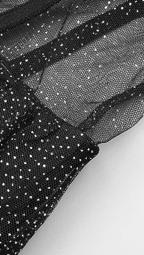 STRAPPY DRAPED RHINESTONE TULLE CORSET MAXI DRESS IN BLACK