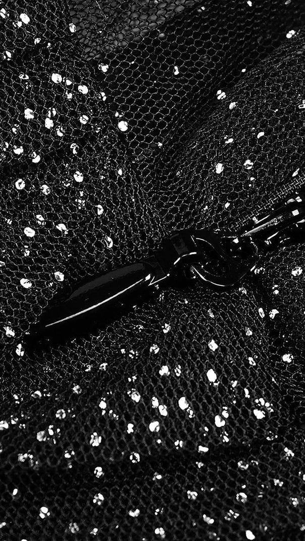 DRAPIERTES TÜLL-KORSETT-MAXIKLEID MIT STRASS IN SCHWARZ
