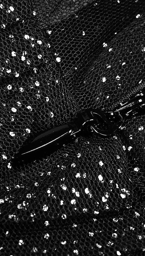 STRAPPY DRAPED RHINESTONE TULLE CORSET MAXI DRESS IN BLACK