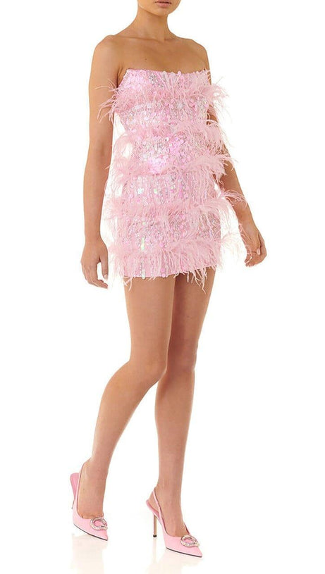 STRAPLESS SEQUINS SHINY GLITTER DRESS IN PINK