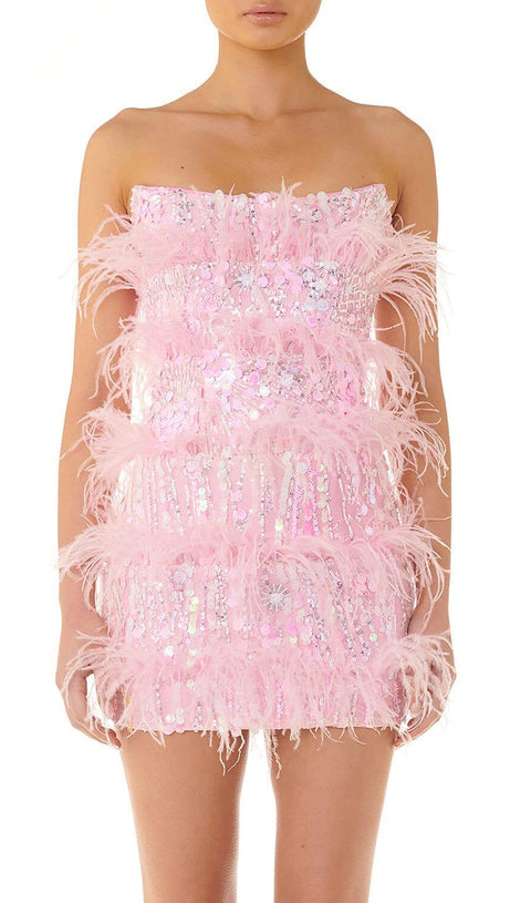 STRAPLESS SEQUINS SHINY GLITTER DRESS IN PINK