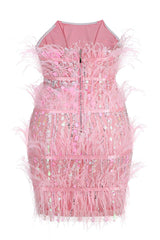 STRAPLESS SEQUINS SHINY GLITTER DRESS IN PINK