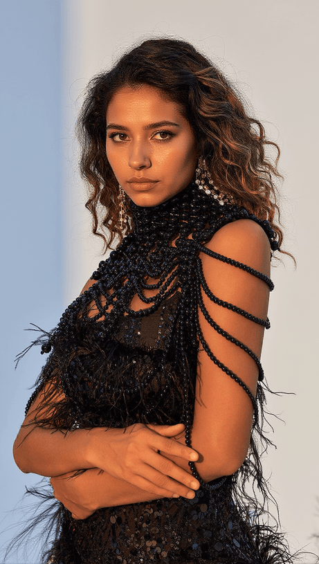 DANI PEARL BODY CHAIN TOP IN BLACK