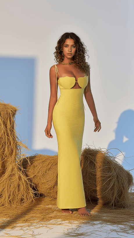 GWYN SHELL CUTOUT MAXI BANDAGE DRESS IN YELLOW