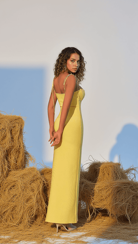 GWYN SHELL CUTOUT MAXI BANDAGE DRESS IN YELLOW