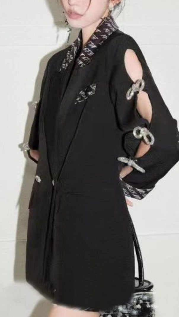 AIIZIE RHINESTONE BOW HOLLOW OUT SLEEVES DOUBLE BREASTED SUIT JACKETS - product image