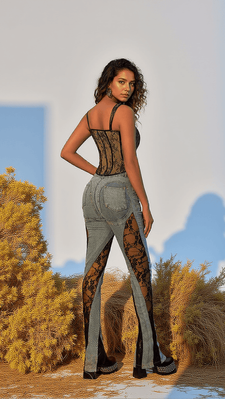 LETTICE LACE PANELED HIGH RISE SKINNY JEANS