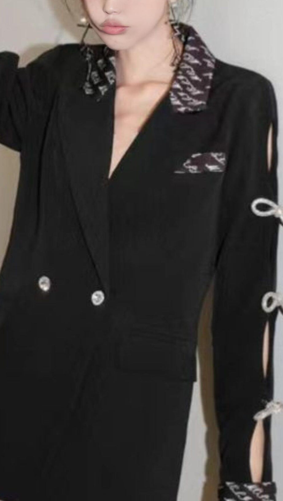 RHINESTONE BOW HOLLOW OUT SLEEVES DOUBLE BREASTED SUIT JACKETS
