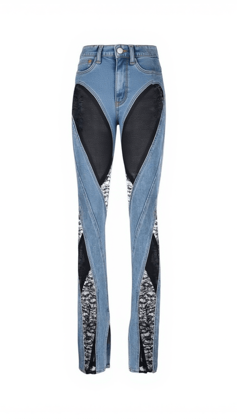LETTICE LACE PANELED HIGH RISE SKINNY JEANS