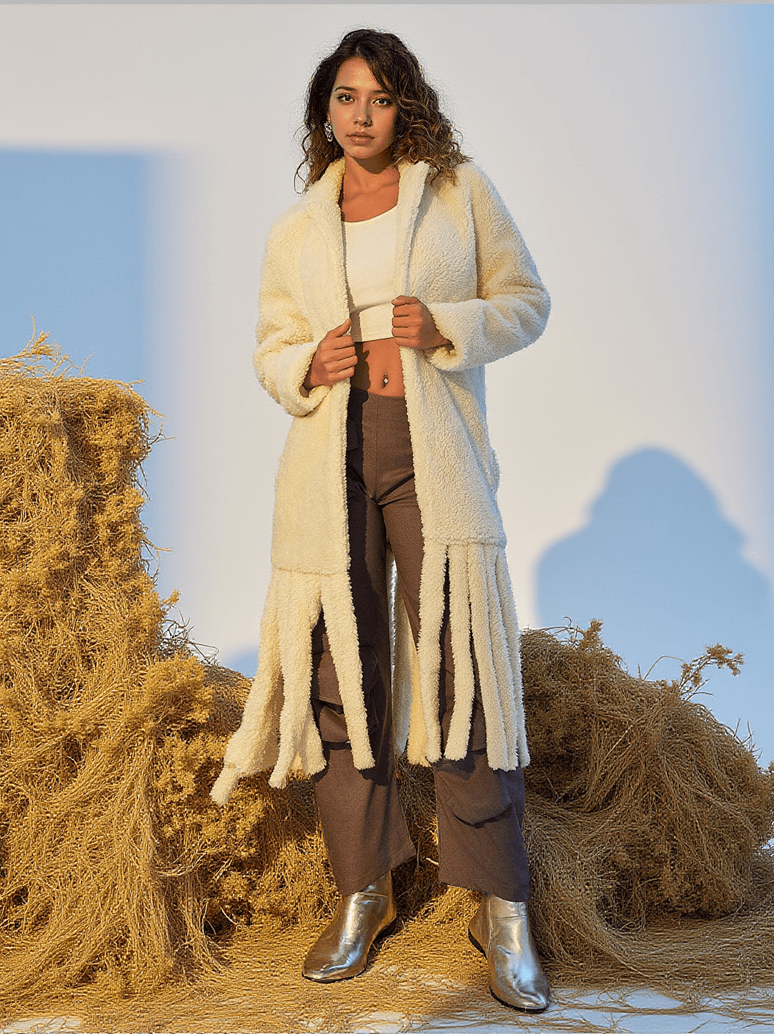 LUNET FAUX FUR FRINGE LAPEL COAT