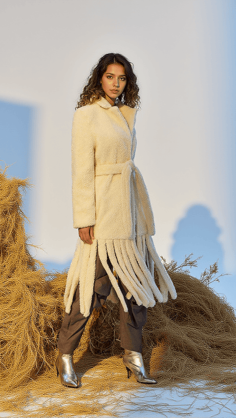 LUNET FAUX FUR FRINGE LAPEL COAT