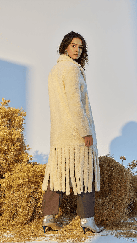 LUNET FAUX FUR FRINGE LAPEL COAT