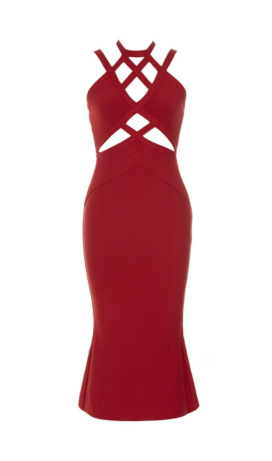 ABITO MIDI CON BENDAGGI E TAGLIO ROSSO