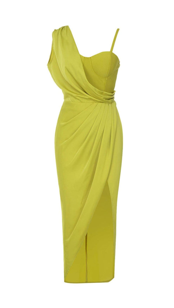 AIIZIE ONE SHOULDER RUCHED MIDI DRESS IN GREEN - product image