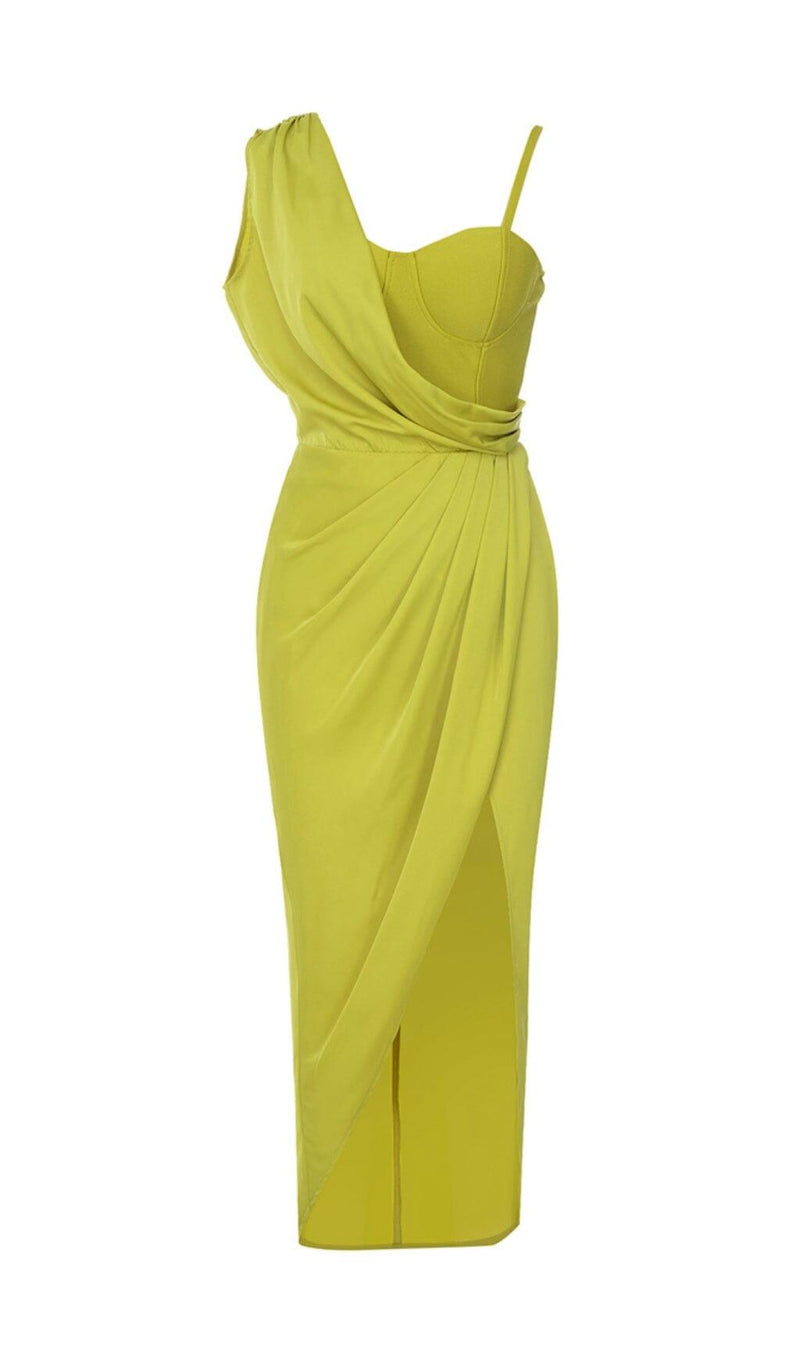 ONE SHOULDER RUCHED MIDI DRESS IN GREEN