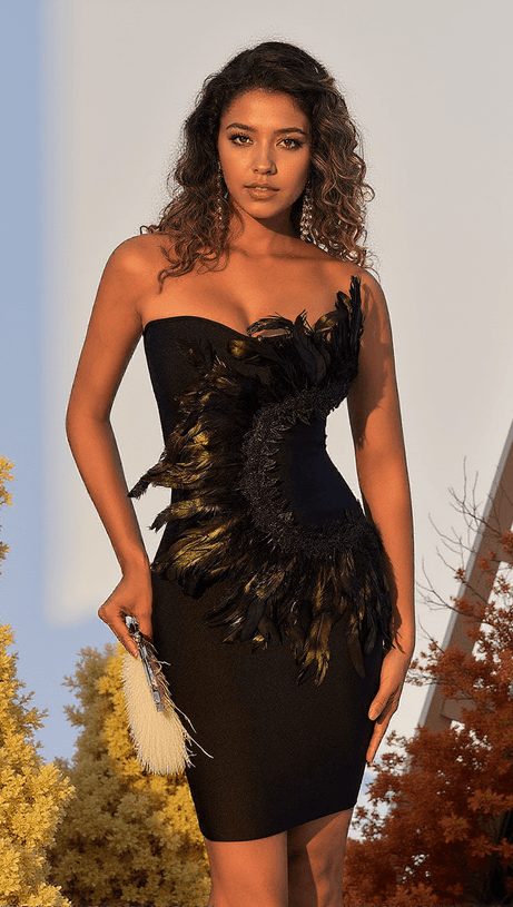PAISLEE FEATHER BANDAGE MINI DRESS