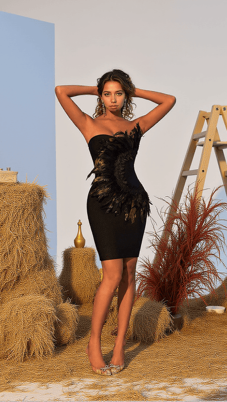 PAISLEE FEATHER BANDAGE MINI DRESS