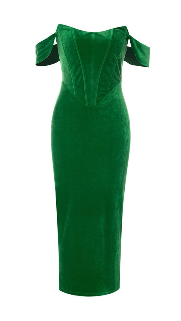 AIIZIE OFF SHOULDER CORSET MIDI DRESS IN GREEN - product image