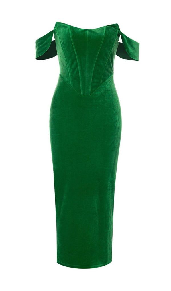 OFF SHOULDER CORSET MIDI DRESS IN GREEN