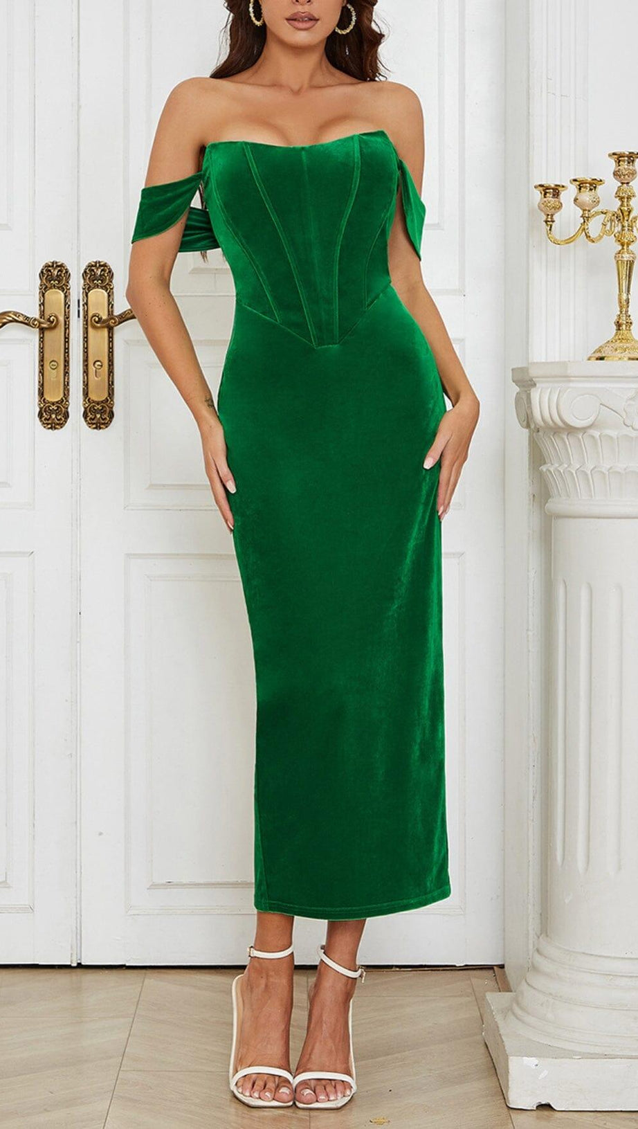 OFF SHOULDER CORSET MIDI DRESS IN GREEN