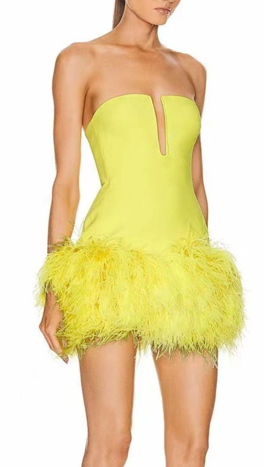 YELLOW NEON FEATHERS MINI DRESS
