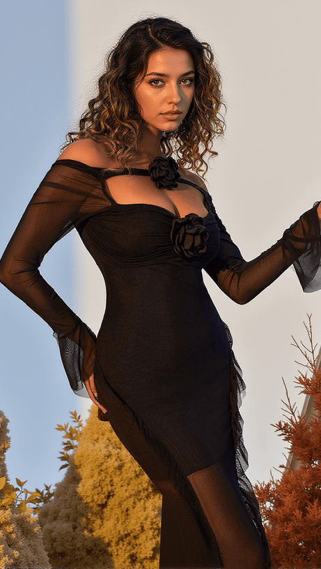 GUSSIE FLOWER RUFFLE MESH DRESS