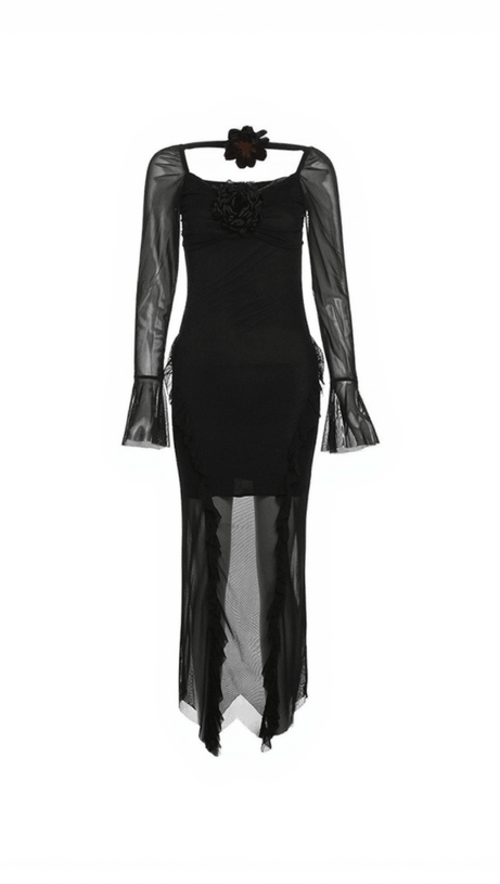 GUSSIE FLOWER RUFFLE MESH DRESS