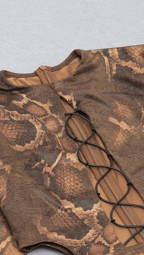 HOLLOW LEOPARD OUT MIDI DRESS IN BROWN