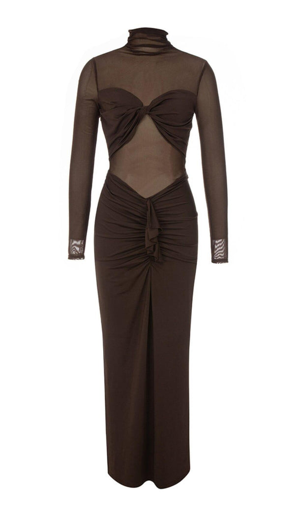 AIIZIE MESH LONG SLEEVE MAXI DRESS IN COFFEE - product image