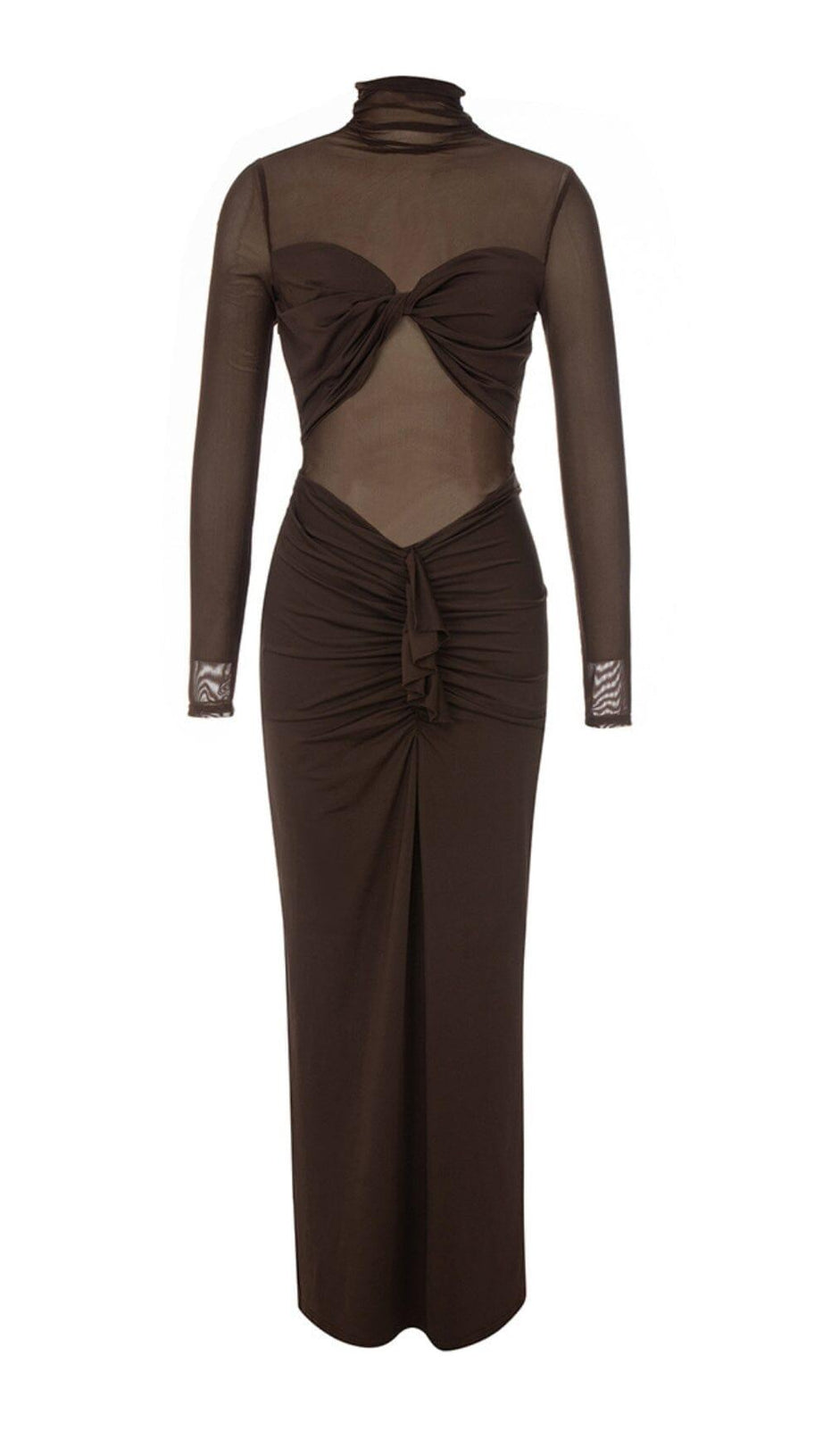 MESH LONG SLEEVE MAXI DRESS IN COFFEE