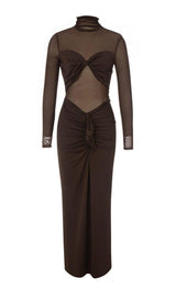 MESH LONG SLEEVE MAXI DRESS IN COFFEE