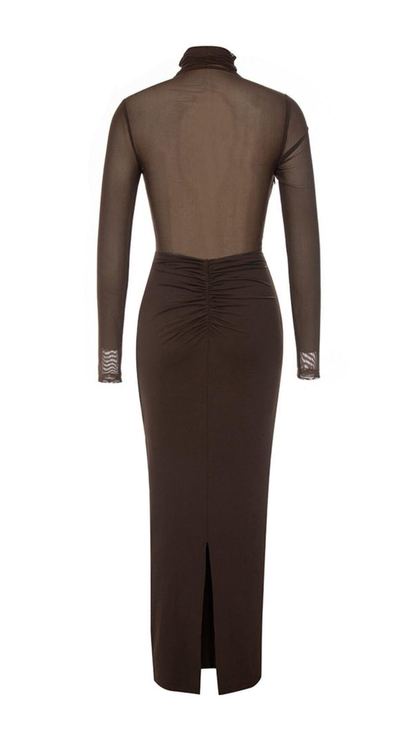 AIIZIE MESH LONG SLEEVE MAXI DRESS IN COFFEE - product image