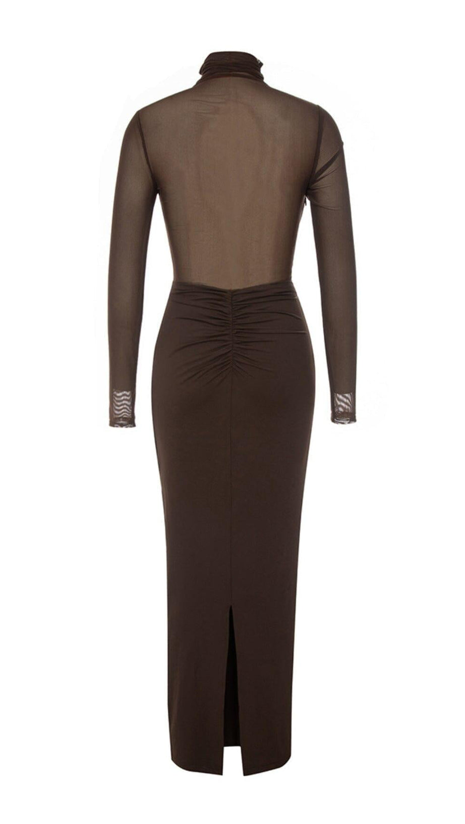 MESH LONG SLEEVE MAXI DRESS IN COFFEE